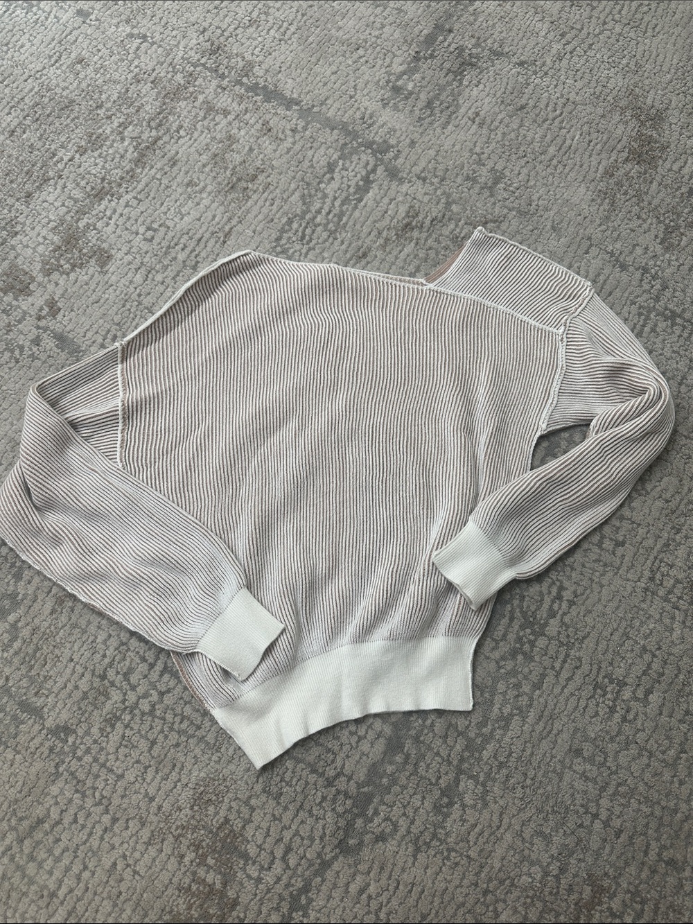 Line & Dot Off-the-Shoulder Ribbed Sweater in Light Taupe and White